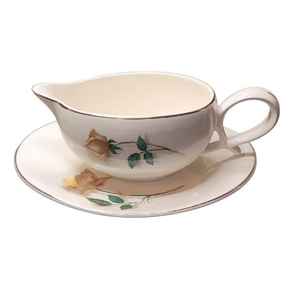 VTG Canonsburg Gravy Boat w/ Underplate Floral Yellow Trim White China GUC - Picture 1 of 11